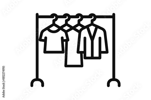Minimalist line art of a portable clothing rack displaying various apparel