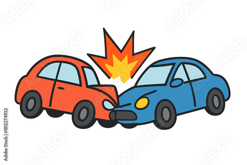 Severe head-on collision between two cartoon cars resulting in a fiery explosion impact graphic