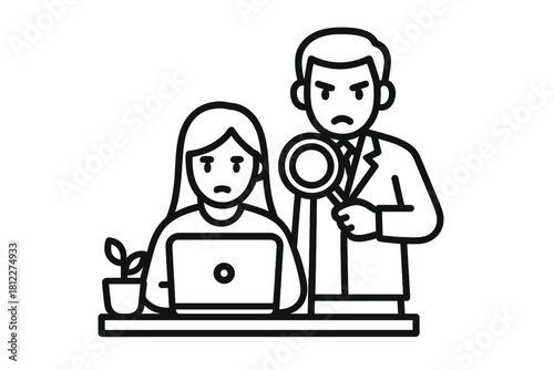 Manager scrutinizing stressed female worker at desk with magnifying glass