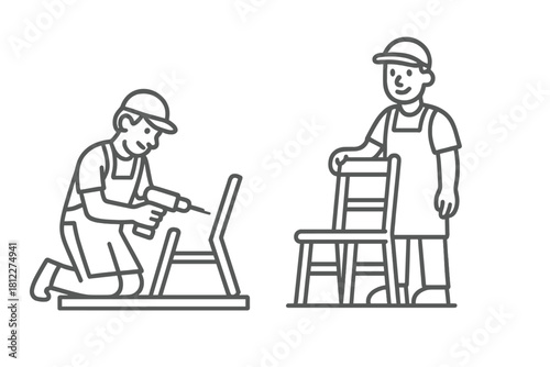 Skilled workers assembling wooden furniture using power tools and craftsmanship