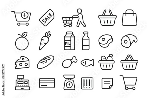 Minimalist black line symbols for grocery shopping, food, retail, and consumer commerce
