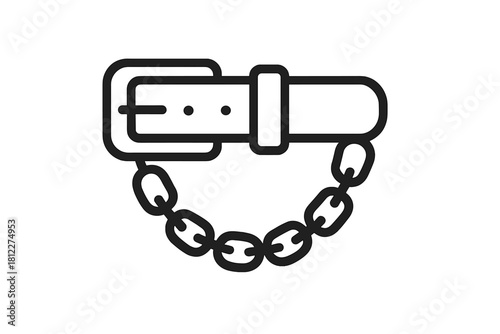 Minimalist black and white line art of a leather belt segment with metal buckle and hanging chain