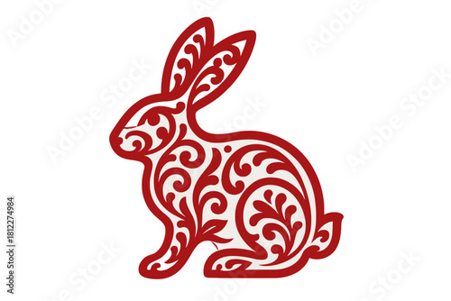 Decorative red rabbit silhouette with intricate floral scrollwork pattern