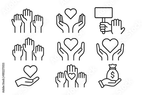 Hands holding hearts money bag and raised hands for charity donation volunteering