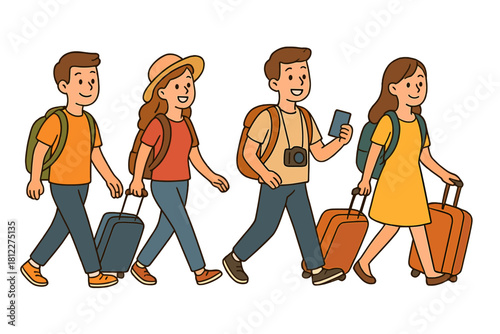 Young adult friends walking with backpacks and rolling luggage ready for travel vacation