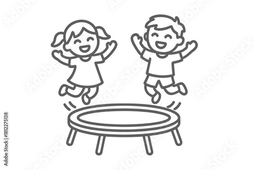 Simple black and white depiction of a happy boy and girl jumping high on a trampoline