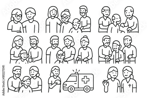 Line art symbols showing family generations caregiving and medical assistance