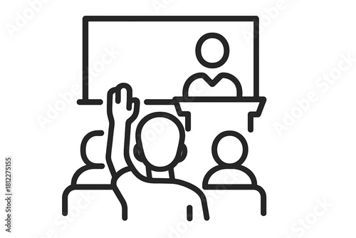 People in lecture hall, one person raising hand for question or participation