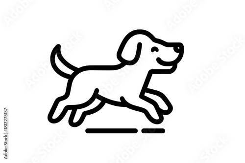 Cheerful puppy dog running or jumping happily in minimalist black line art style on white background