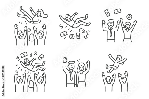 Minimalist line art of business people celebrating success and being tossed by a cheering crowd