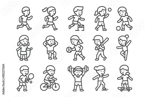 Collection of outline icons depicting active children playing various sports and exercising outdoors