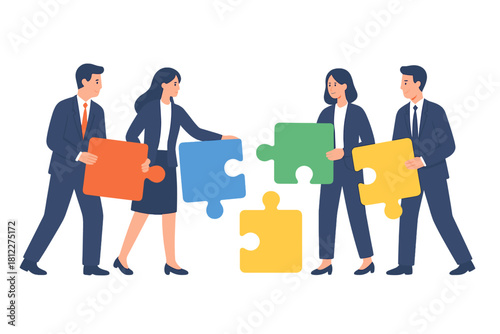 Diverse business professionals assembling colorful puzzle pieces symbolizing teamwork and collaboration