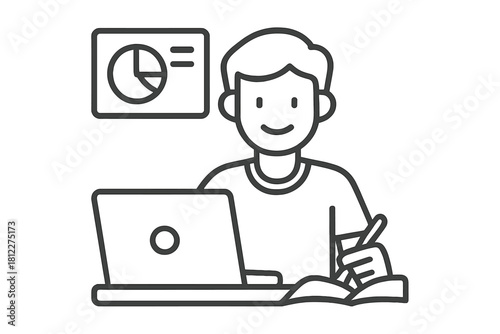 Professional analyzing business data on laptop and taking notes while working remotely