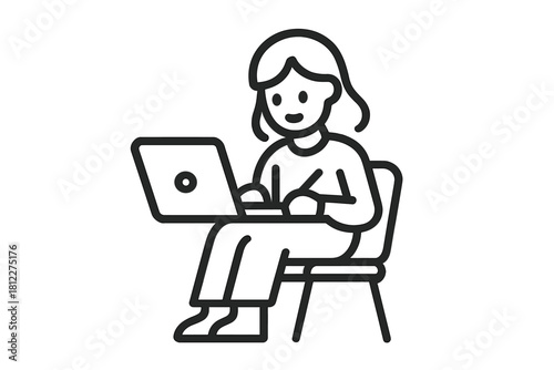Young woman sitting on a chair working on a laptop computer in a minimalist outline style