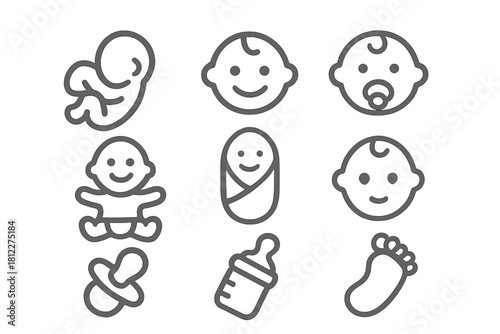 Stages of newborn development, infant faces, feeding bottle, and pacifier