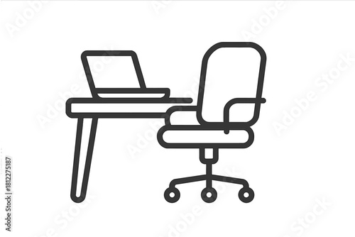 Workspace furniture showing a laptop computer resting on a table next to a rolling chair