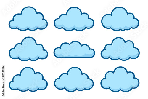 Set of nine cartoon cloud shapes with thick dark blue outlines on white background