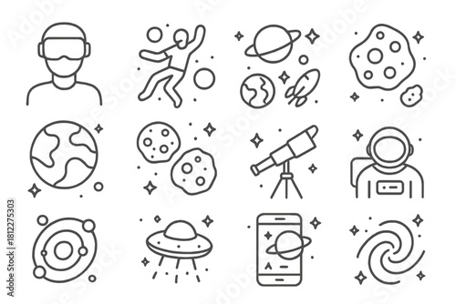 Minimalist line art featuring planets, astronaut, telescope, and VR headset elements