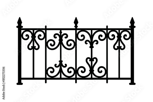 Ornate black metal fence segment with classic decorative scrollwork and pointed finials