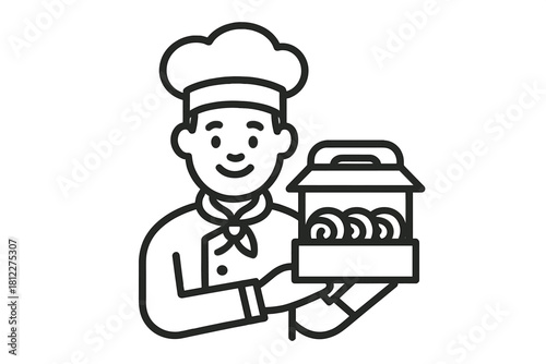 Professional chef in uniform holding a takeout container filled with baked goods
