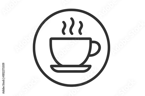 Minimalist outline drawing of a steaming hot beverage cup on a saucer inside a circular frame