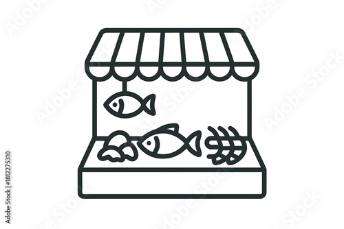 Traditional fish market stand with fresh seafood catch displayed for sale