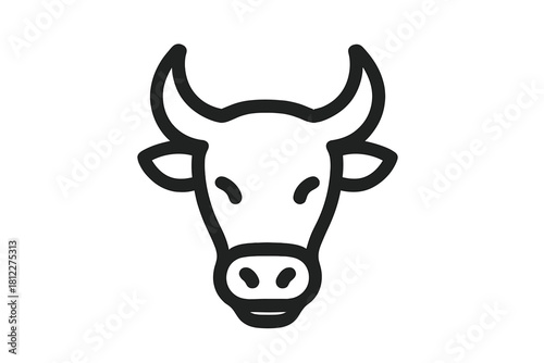 Detailed black and white graphic of a domestic cattle head featuring prominent horns