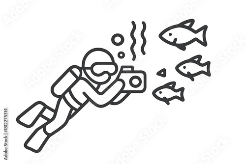 Scuba diver taking photo of fish and marine life in the deep blue ocean