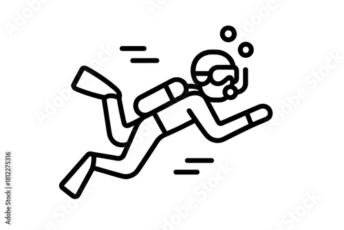 Scuba diver swimming horizontally underwater wearing mask and oxygen tank