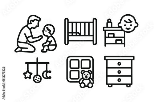 Simple line icons set for baby care, nursery furniture, and parenting activities