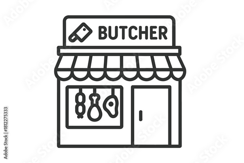 Traditional butcher shop storefront with awning and meat display window