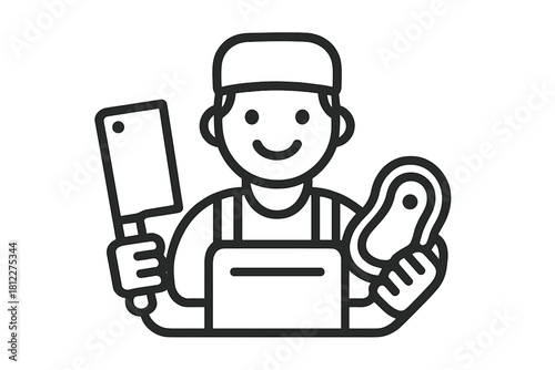 Smiling butcher character holding a large meat cleaver and a fresh raw steak cut
