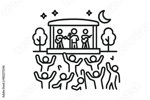 Outdoor nighttime concert featuring a band performing on stage for a large cheering audience