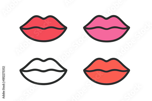 Set of four colorful female lips icons with thick black outlines for beauty and fashion