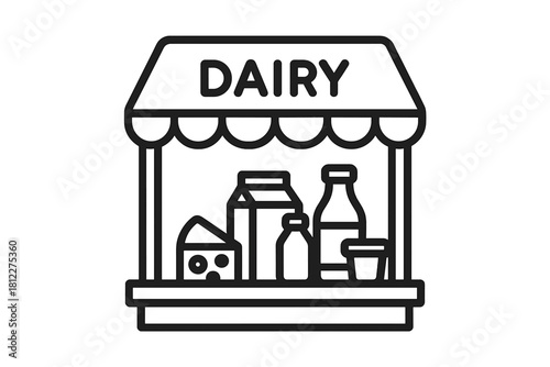 Dairy shop facade with fresh milk, cheese, and products displayed on counter