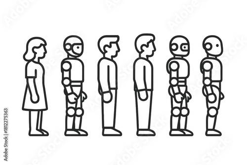 Profile view of human figures standing alongside various humanoid robot designs