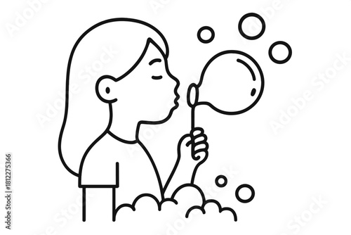 Outline drawing of a young girl blowing a large soap bubble with a wand