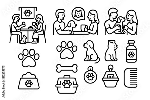 Minimalist symbols showing pet ownership, puppy and kitten care, accessories, and human interaction
