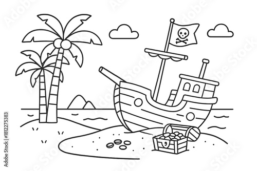 Pirate ship wreck stranded on a tropical island beach with palm trees and a treasure chest full of gold coins