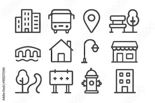 Minimalist city and urban navigation symbols featuring buildings, transport, and landmarks