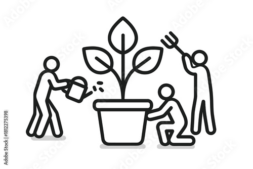 Three stick figures working together to water and care for a large potted houseplant