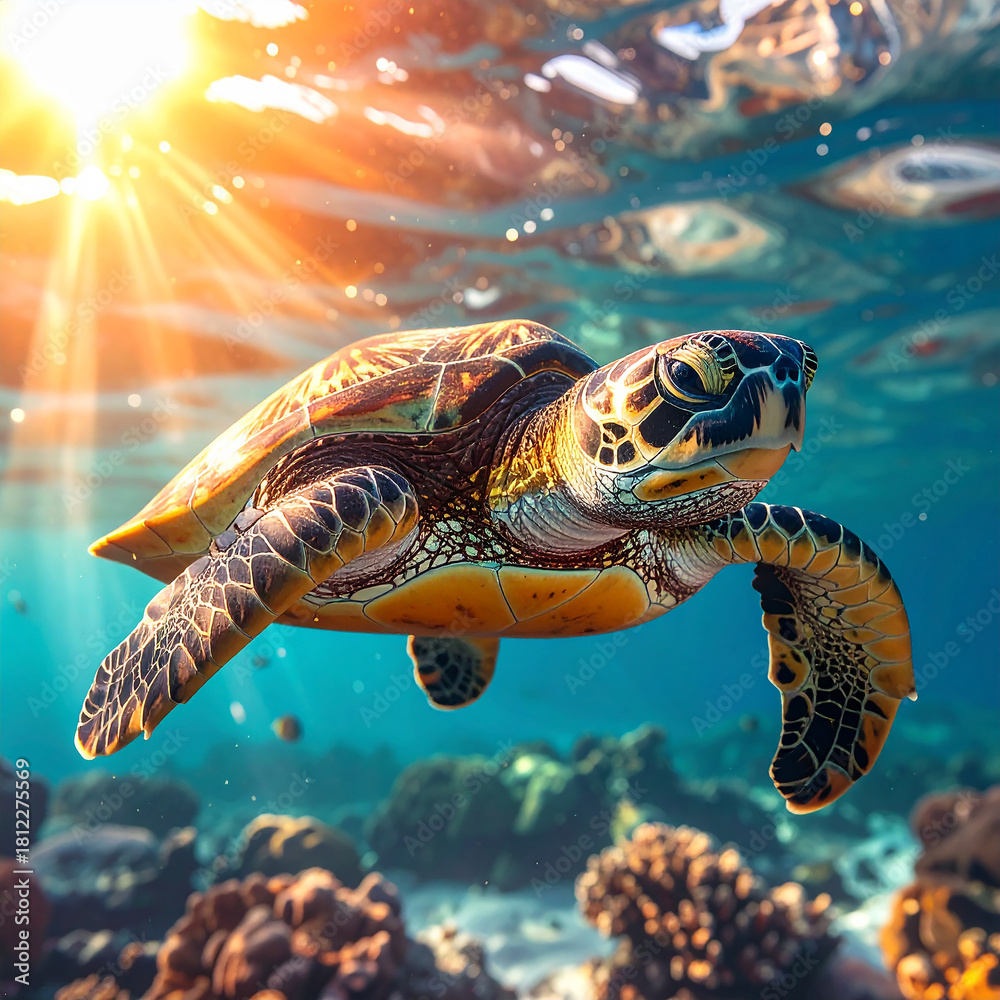 Fototapeta premium Sea turtle close-up underwater with bright sunlight and flag
