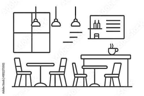 Minimalist cozy coffee shop interior with seating, counter, and hanging lamps