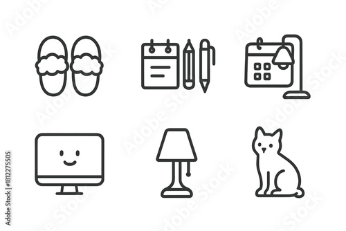 Outline symbols representing remote work, home comfort, daily routine, and domestic items