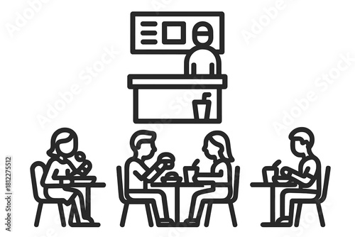 People eating fast food at tables and cashier serving customers at restaurant counter