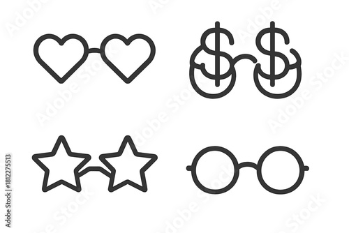 Four pairs of novelty glasses featuring heart shapes, dollar signs, stars, and classic round frames