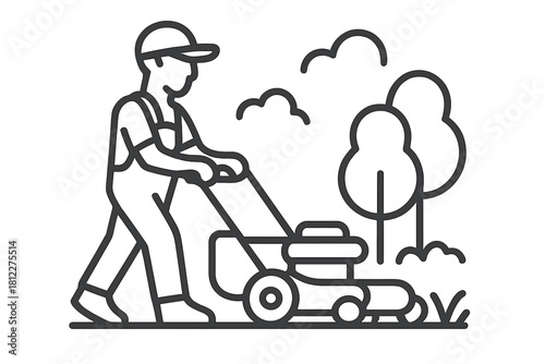 Gardener pushing motorized lawnmower cutting grass in park or backyard