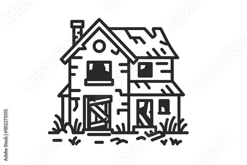 Old abandoned haunted house with broken and boarded up door in overgrown field