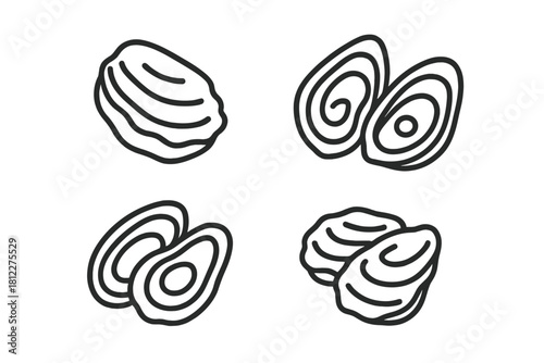 Simple black and white outline drawings depicting bivalve mollusks like oysters and clams