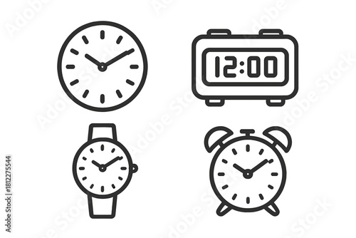 Set of time measuring devices: analog wall clock, digital alarm clock, wristwatch, and classic alarm clock